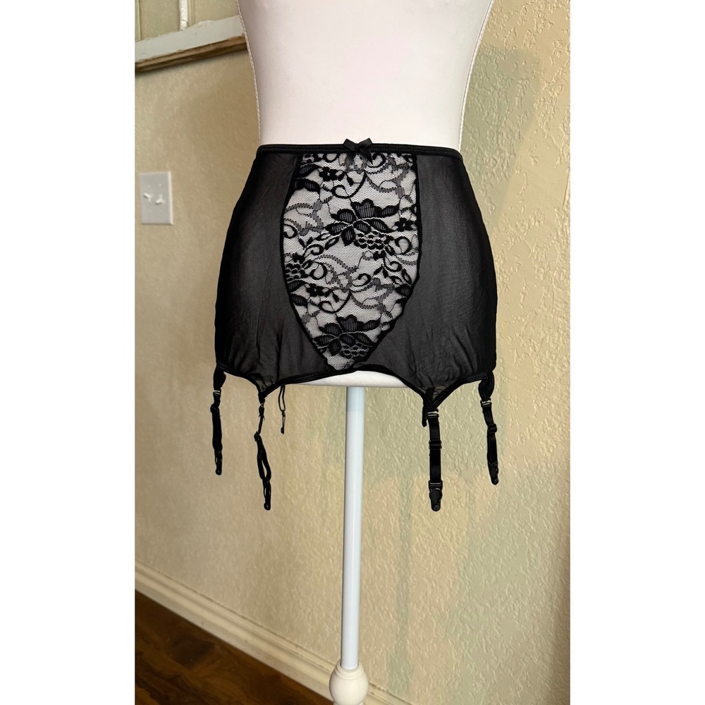 Women High Waisted Lace Garter Belt Straps for Stockings Black L Sheer Slimming